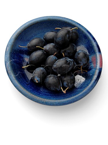 Ripe damsons in a blue bowl on a white background