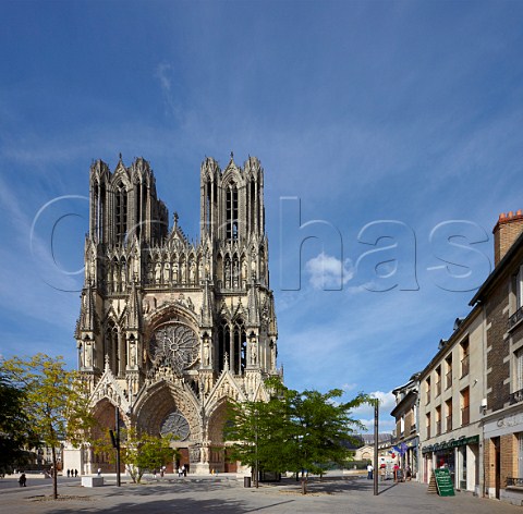 NotreDame Cathedral and Cave des Sacres champagne shop Reims Marne France Champagne
