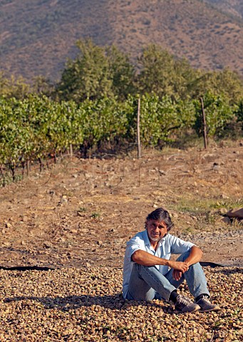 Alvaro Espinoza sitting on his biodynamic almonds  Antiyal winery Maipo Valley Chile