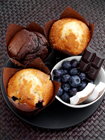 Blueberry chocolate coconut muffins with fruit and chocolate pieces