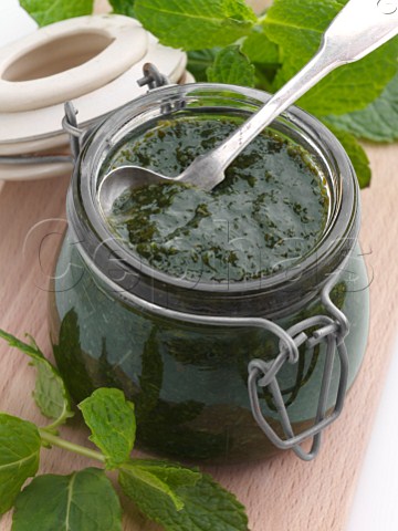 A jar of mint sauce with a spoon and fresh leaves