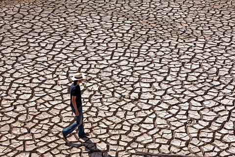 Man walking across the cracked bed of a dry lake high in the Elqui Valley Chile