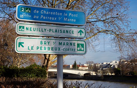 Signs for cycle routes by the River Marne  Le PerreuxsurMarne ValdeMarne France