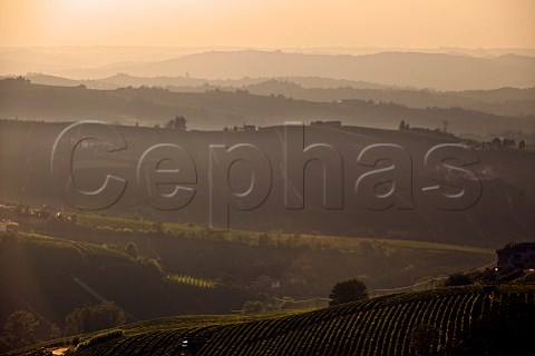 Sunset over vineyards at Valdivilla near Santo Stefano Belbo Piemonte Italy