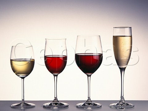 Four different wines and glasses