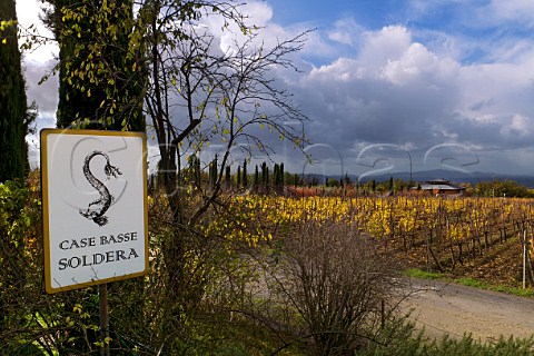 Sign at entrance to Case Basse vineyard of Gianfranco Soldera Montalcino Tuscany Italy Brunello di Montalcino