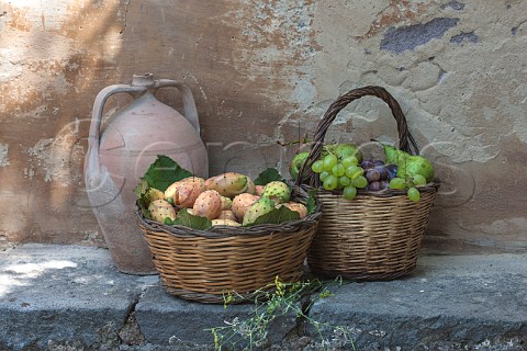 Baskets of prickly pears grapes and pears at Villa Trinit Mascalucia near Catania Sicily