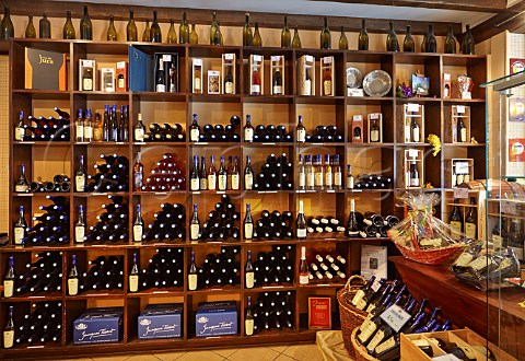 Bottle display in the shop of Domaine Jacques Tissot Place de la Libert Arbois Jura France
