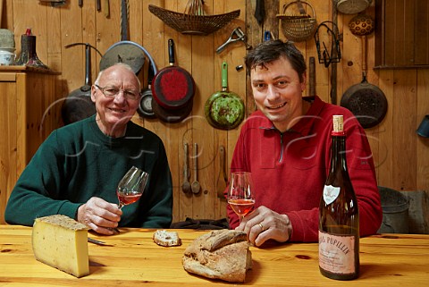 Pierre Overnoy with his successor Emmanuel Houillon in his restored barn Chaux deau Pierre is often referred to as the father of natural wine Domaine Pierre Overnoy Pupillin Jura  France  ArboisPupillin