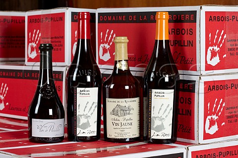 Bottles and cases of wine in cellar of Domaine de la Renardire Pupillin near Arbois Jura France  ArboisPupillin