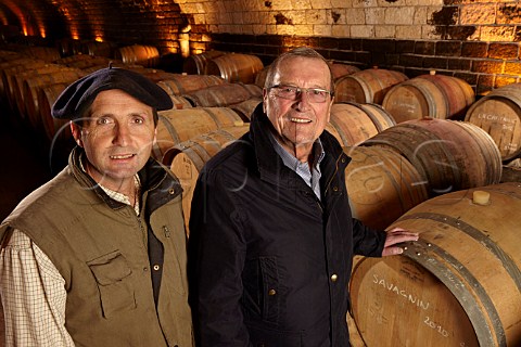 Pierre Martin owner and his estate manager Bruno Ciofi in barrel cellar of Domaine de la Pinte Arbois Jura France
