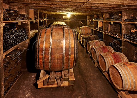 Foudres barrels and bottles in old cellar of Caves Jean Bourdy Arlay Jura France  Ctes du Jura