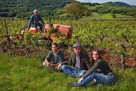 Romain Julien and Charline Labet father Alain on tractor in Les Varrons vineyard Chardonnay of Domaine Labet Rotalier Jura France Ctes du Jura