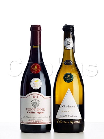 Bottles of 2011 Pinot Noir and 2007 Chardonnay from Vignoble Guillaume Charcenne HauteSane France