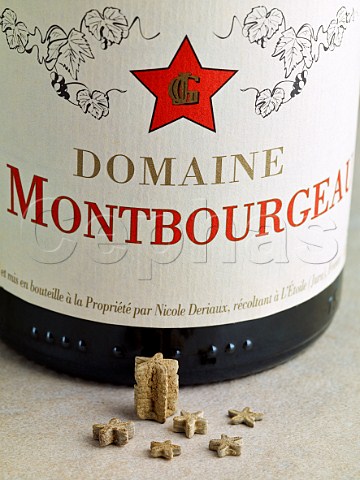 Tiny fossilized marine starfish pentacrines from the vineyards of LEtoile with bottle of Domaine de Montbourgeau Jura France