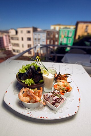 Plate of seafood at Caf Turri with typical colourful houses in the distance  Valparaiso Chile