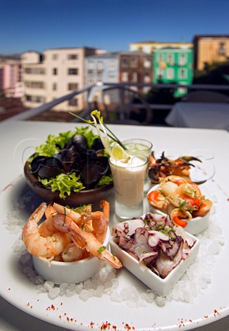 Plate of seafood at Caf Turri with typical colourful houses in the distance  Valparaiso Chile