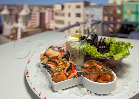 Plate of seafood at Caf Turri with typical colourful houses in the distance Valparaiso Chile