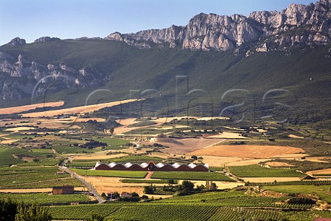 Bodegas Ysios and vineyards with the Sierra de Cantabria beyond Laguardia Alava Spain  Rioja Alavesa