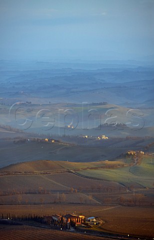 Early morning view over vineyards at Montalcino Tuscany Italy Brunello di Montalcino