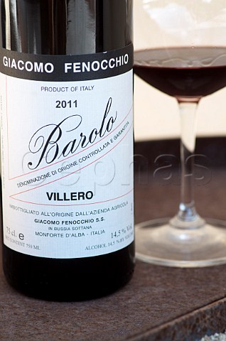 Bottle and glass of Giacomo Fenocchio Barolo Villero 2011 Monforte dAlba Piedmont Italy Barolo