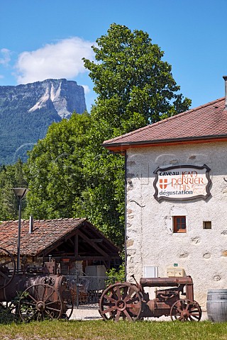 Winery building of Jean Perrier et Fils with Mont Granier beyond Les Marches Savoie France Apremont