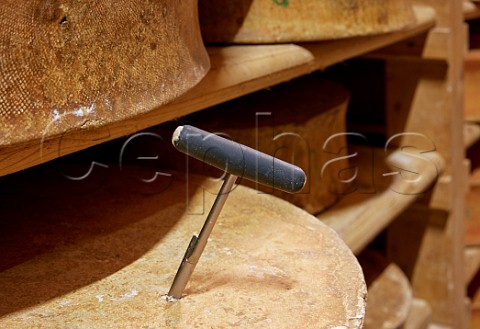 A cheese iron is used to check quality and development of vintage Beaufort cheese at Monts et Terroirs cheese producers La Bathie Savoie France