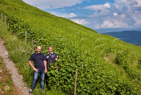 Didier left and Denis Berthollier in Les Salins vineyard of Domaine La Combe des GrandVignes Francin Savoie France  Cru Chignin Bergeron