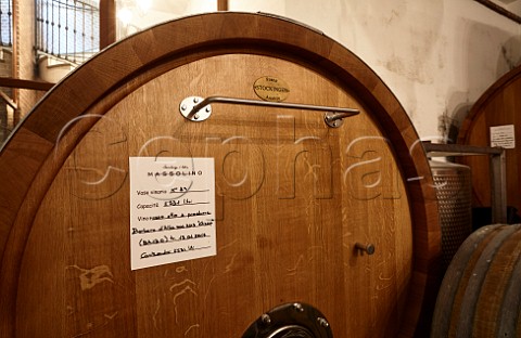 Barrel of Barbera dAlba in cellar of Vigna Rionda Di Massolino Fratelli Serralunga dAlba Piemonte Italy