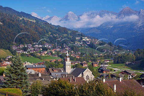 View over town of Le Grand Bornand with the Chaine des Aravis in distance HauteSavoie France