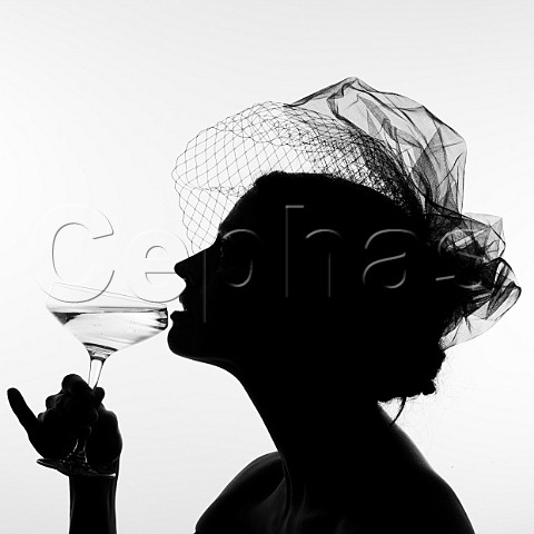 Silhouette of a woman in a veil sipping champagne from a coupe
