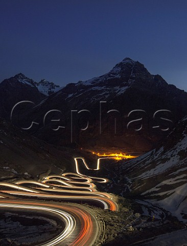 Vehicle light trails on Cuesta Caracoles Los Andes the road to Portillo Ski resort and the Argentinian border one of the most dangerous roads in the world  Chile