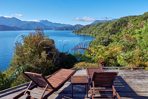 Sun loungers on a terrace above Double Cove Marlborough Sounds Marlborough New Zealand
