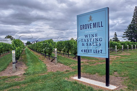 Sign by vineyard of Grove Mill Renwick Marlborough New Zealand Wairau Valley