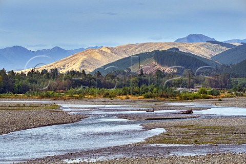 The Wairau River viewed west from near Renwick with the Richmond Ranges in far distance  Marlborough New Zealand