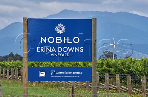 Sign for Erina Downs Vineyard of Nobilo 40km from the mouth of the Wairau River with the Richmond Range beyond  Marlborough New Zealand  Wairau Valley