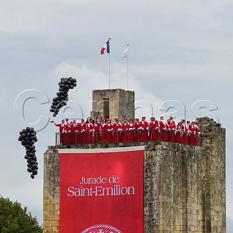 The Jurade de Stmilion atop the Tour du Roi during the Ban des Vendanges in September Saintmilion Gironde France