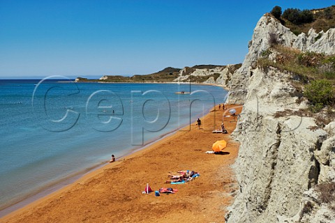 Red sand and limestone cliffs of Xi Beach on the Paliki Peninsula Cephalonia Ionian Islands Greece