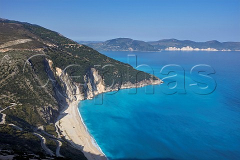 Myrtos Beach with the Paliki Peninsula across the Gulf of Myrtos  Cephalonia Ionian Islands Greece