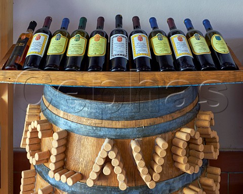 Range of wines on display in tasting room of Sclavos winery Lixouri Paliki Peninsula Cephalonia Ionian Islands Greece