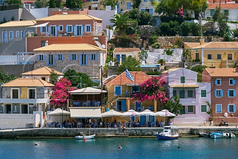 Village of Assos with houses and taverna overlooking its bay Cephalonia Ionian Islands Greece