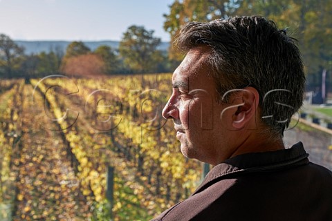 Simon Roberts looking out onto his Chardonnay vineyard Ridgeview Wine Estate Ditchling Common Sussex England