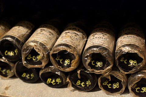 Bottles of Barolo Brunate 1998 in cellar of Cantina Giuseppe Rinaldi  in Barolo Piedmont Italy