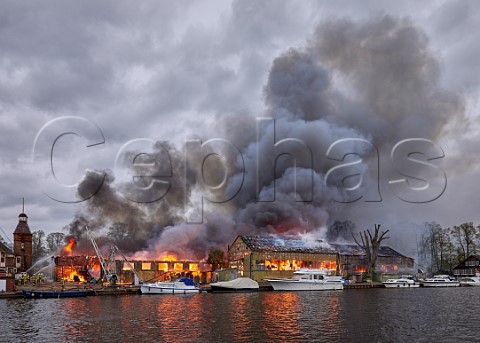 Platts Eyot fire of 3 May 2021 which destroyed the boat shed of Otter Marine and the Dunkirk evacuation ship Lady Gay The River Thames at Hampton Middlesex England