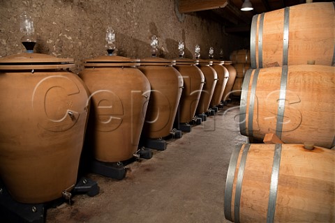 Barriques and amphorae in cellar of Chteau Anthonic MoulisenMdoc Gironde France Mdoc  Bordeaux