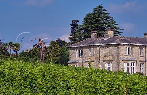 Leonardslee House and Faith sculpture by Anton Smit viewed over Pinotage vineyard Lower Beeding Horsham Sussex England