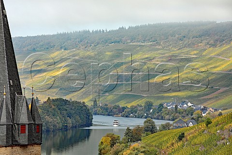 View down the Mosel Valley from Bernkastel to the vineyards of Wehlen and Graach Germany Mosel