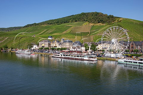 View across the Mosel river to the town of Bernkastel and the vineyards behind Bernkastel Germany Mosel