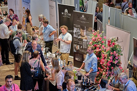 Wiston Estate and Sugrue South Downs stands at the Wine GB Trade  Press Tasting 5 September 2023 in the Grand Hall of Battersea Arts Centre London UK