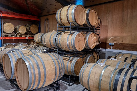 Oak barrels in winery of Offbeat Wines Botleys Farm  Downton Wiltshire England